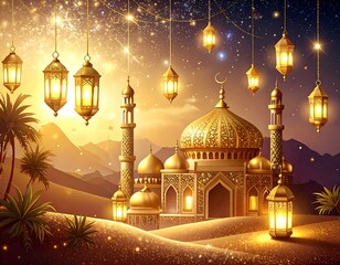 Golden mosque in desert, illuminated by lanterns at night