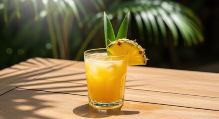 Refreshing Pineapple Juice with Pineapple Slice and Green Leaves on Wooden Table in Sunlit Outdoor Setting