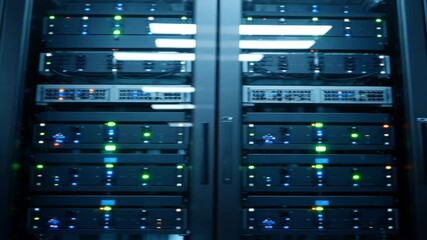 Glowing server racks in a modern data center, highlighting computing infrastructure - Powered by Adobe