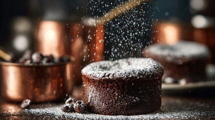 A chocolate soufflé dusted with powdered sugar, blurred copper pots in background