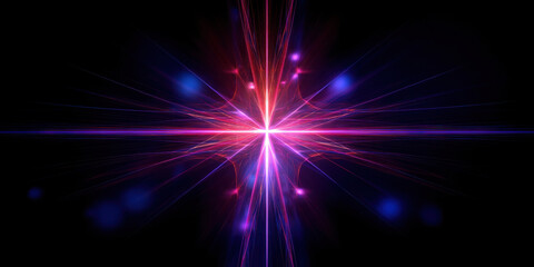 Fototapeta premium Abstract fractal star with glowing pink and purple light beams on black background creating symmetrical energy effect