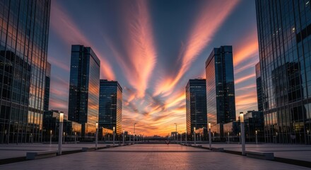 Obraz premium Captivating Sunset Over Modern Cityscape With Dramatic Sky Streaks