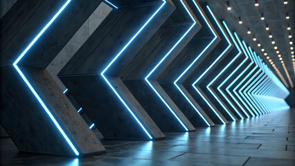 Obraz premium Abstract field of forward blue neon arrows