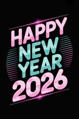 Vibrant neon signage illuminates happy new year 2026 celebration with a retro glitzy aesthetic