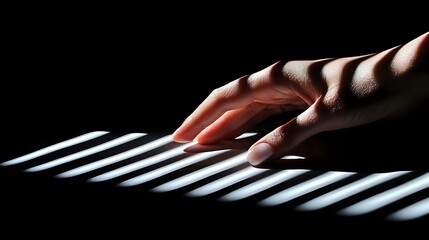 Female hand reaching through window blinds casting dramatic shadows on dark background, creating mysterious and cinematic atmosphere for crime, thriller or horror concepts.
