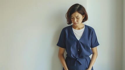 Young Asian woman in casual blue outfit standing against white wall with eyes closed, expressing contemplative mood and peaceful solitude.