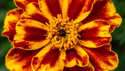 Close-up of a vibrant marigold flower, showcasing intricate patterns of orange and red