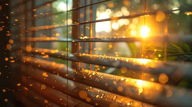 Sunlight Dust Particles Glimmering Through Window Blinds