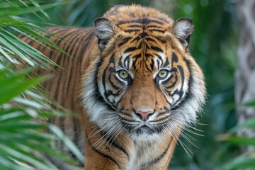 Fototapeta premium Striking tiger walking through lush greenery in a wildlife sanctuary during daylight