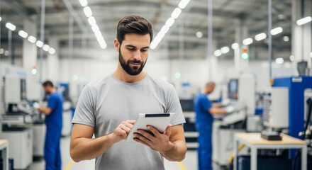 Focused engineer using a tablet in a modern factory, surrounded by blurred machinery and colleagues. Symbolizes innovation, industry, and smart manufacturing