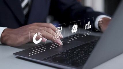 AI technology in finance and accounting. preparing tax return, with artificial intelligence tools. Accounting paycheck documentation and financial fee incentive.