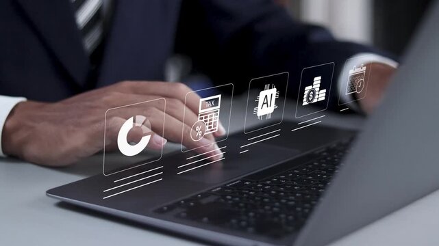 AI technology in finance and accounting. preparing tax return, with artificial intelligence tools. Accounting paycheck documentation and financial fee incentive.