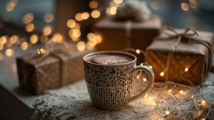 Fototapeta premium A cozy holiday corner with mug of cocoa, twinkling fairy lights, blurred gifts