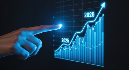 Hand Pointing at Bright Blue Graph Chart Showing Upward Growth in Future Years