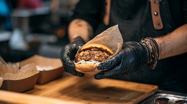 Delicious gourmet burger held by chef in black gloves ready to serve at restaurant or food truck event