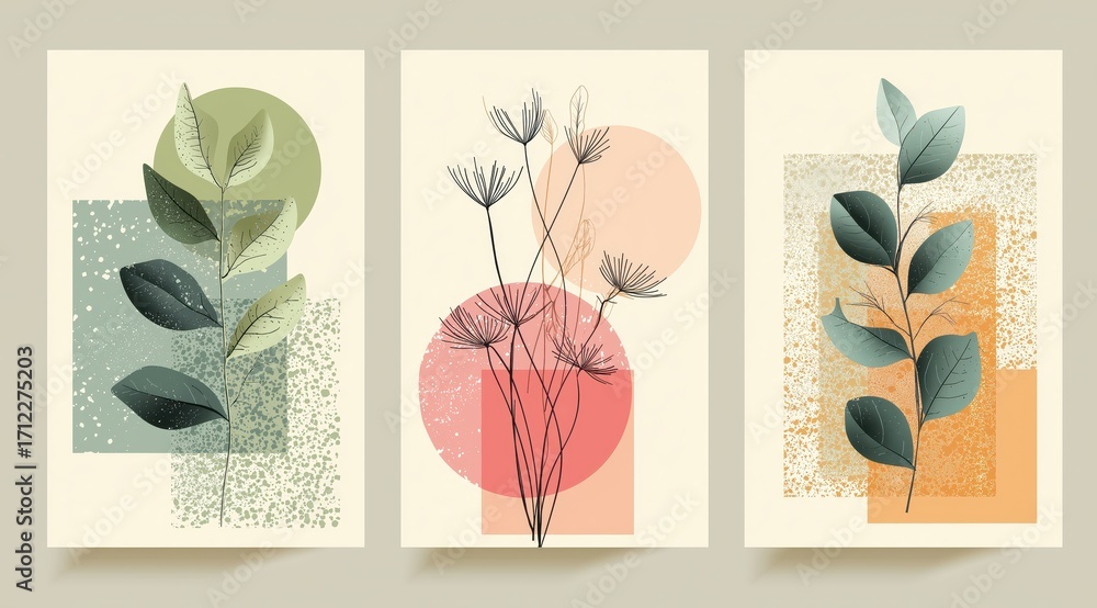 Poster botanical aesthetic: a trio of botanical art prints, blending natural elements with abstract shapes 