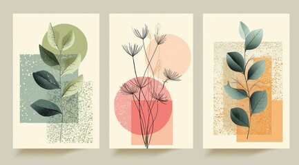 Botanical Aesthetic: A trio of botanical art prints, blending natural elements with abstract shapes and soft, inviting colors, ideal for adding a touch of serenity to any space.