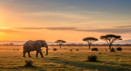 Fototapeta premium Majestic elephant walking across African savanna at sunset, evoking travel and wildlife dreams