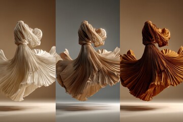 Elegant swirling dresses in various hues create a stunning visual display against a neutral backdrop