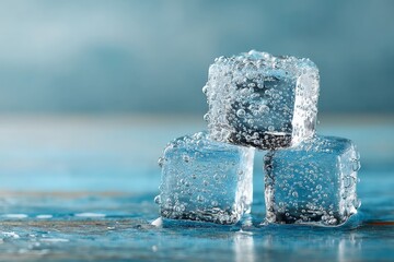 Bubbles cling to cool ice cubes stacked on a wooden surface with a blurred blue backdrop
