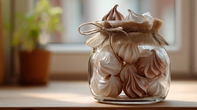 A delicate chocolate-dipped meringues in glass jar, tied with string, airy daylight