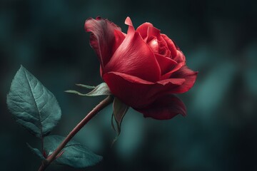 Beautiful red rose blooms gracefully against a blurred green background in a serene garden setting