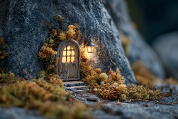 Tiny handcrafted door nestled in mossy rocks illuminated by a warm lantern glow during twilight