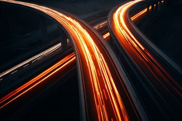 Traffic flows swiftly along illuminated highways at night with vibrant streaks of light