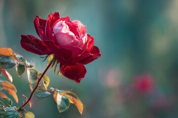 Red rose blooming gracefully in a serene garden during late afternoon sunlight