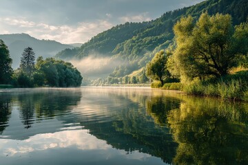 Tranquil river reflecting mountains and trees during the early morning light in a serene natural landscape