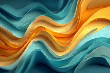 Colorful abstract waves of paper create a dynamic visual in vibrant shades of blue, orange, and yellow