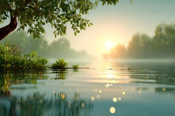Gentle morning light reflects on serene river as lush greenery adorns the tranquil banks