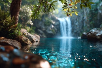 Serene waterfall cascades into tranquil pool surrounded by lush vegetation in a peaceful forest setting