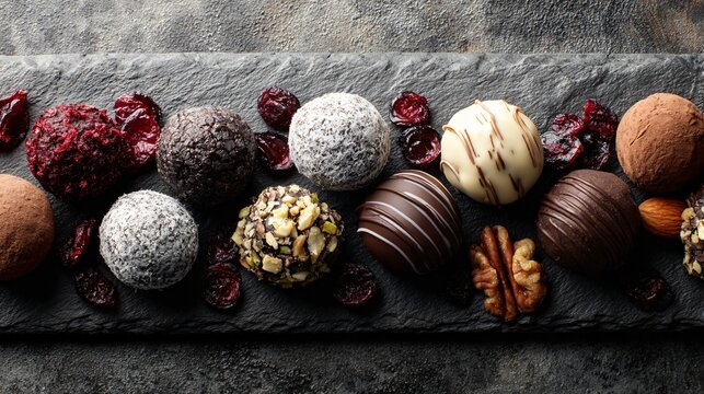 A flat lay of assorted artisan chocolate truffles on slate board, dried cranberries and nuts, minimalist gray background, soft side lighting