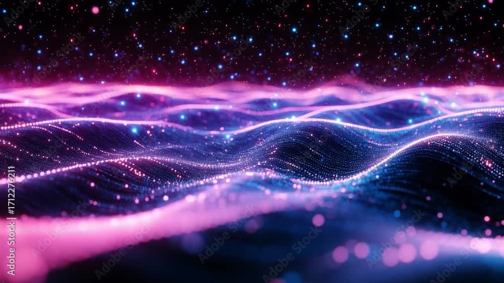 Poster mesmerizing abstract digital waves in vibrant pink and blue colors create cosmic landscape filled wi