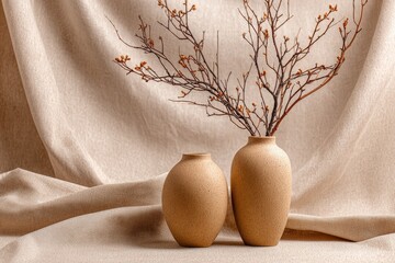 Elegant display of ceramic vases with dried branches against a textured fabric backdrop in natural light