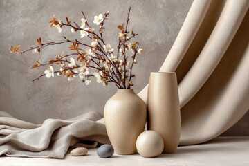 Delicate floral arrangement in elegant vases on a textured backdrop with soft fabric in bright natural light