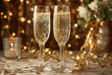 Celebration with champagne glasses and decorative elements at an evening gathering
