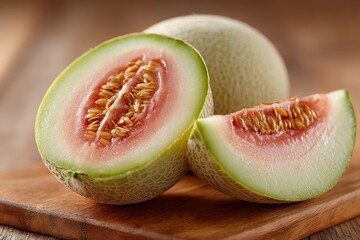Freshly sliced cantaloupe on a wooden cutting board showing vibrant orange flesh and seeds