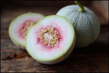 Freshly cut melon showcasing its juicy flesh on wooden background in bright kitchen setting