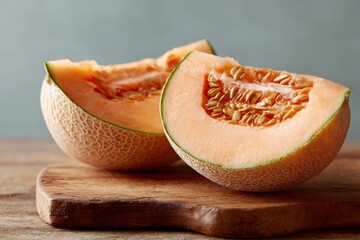 Freshly cut cantaloupe halves on a wooden board ready for a healthy snack or dessert option in a natural setting