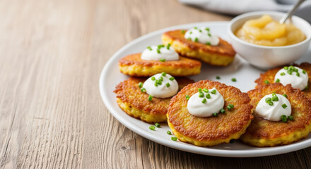 Potato pancakes garnished with cream cheese and chives are presented on rustic wooden surface. Potato pancakes include side dish with apple sauce in white bowl.