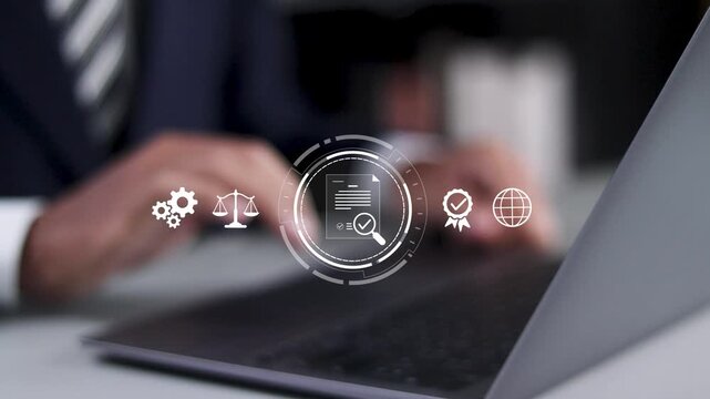 Compliance rules and law regulation policy concept. Enforcement of laws, regulations, and standards. Businessman use laptop with virtual icon.