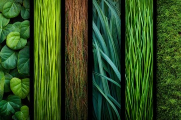 Various types of green vegetation arranged in a striking vertical display showcasing diverse textures and shades of nature