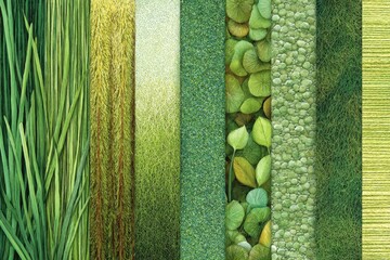 Various shades of green texture panels showcasing plants and grass in nature for decoration and design