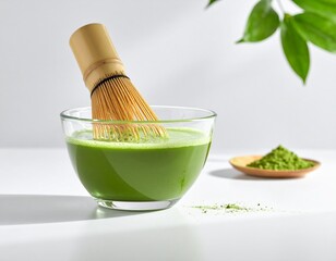 A bowl of matcha liquid, Japanese bamboo whisk with matcha powder and green plant behind 