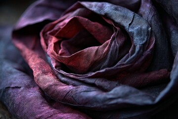 Fabric rose in deep shades of purple and red captures delicate artistry and texture in a close-up view