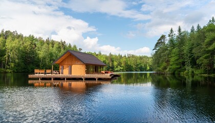 Obraz premium serene wooden floating cabin nestled amidst lush green forest and calm lake waters