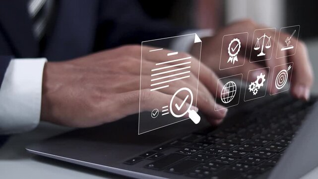 Compliance rules and law regulation policy concept. Enforcement of laws, regulations, and standards. Businessman use laptop with virtual icon.