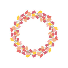 Pink and yellow hand drawn line art tulips flowers wreath isolated on white